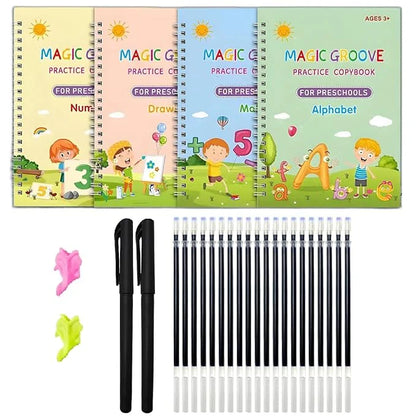 4 Reusable Sank Magic Practice Copybook (4 BOOKS, 1 PEN, 1 GRIP, 10 REFILL) 124/BOOK