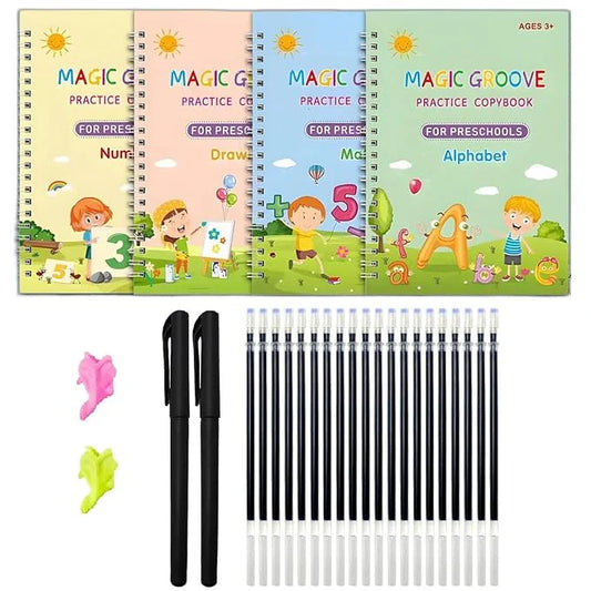 4 Reusable Sank Magic Practice Copybook (4 BOOKS, 1 PEN, 1 GRIP, 10 REFILL) 124/BOOK